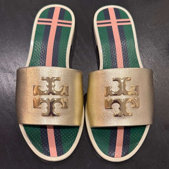 Tory Burch Gold leather Slide flip flop Sandals with metal Logo plaid size 5 - Picture 1 of 9